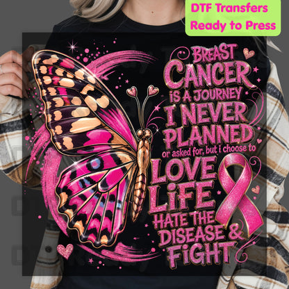 Breast Cancer Is A Journey Butterfly Breast Cancer Awareness DTF Transfer Ready to Press Heat Transfer Tee