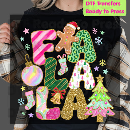 Fa La La Gingerbread Christmas DTF Transfers, Colorful Pink Christmas Tree Holiday Ready to Press