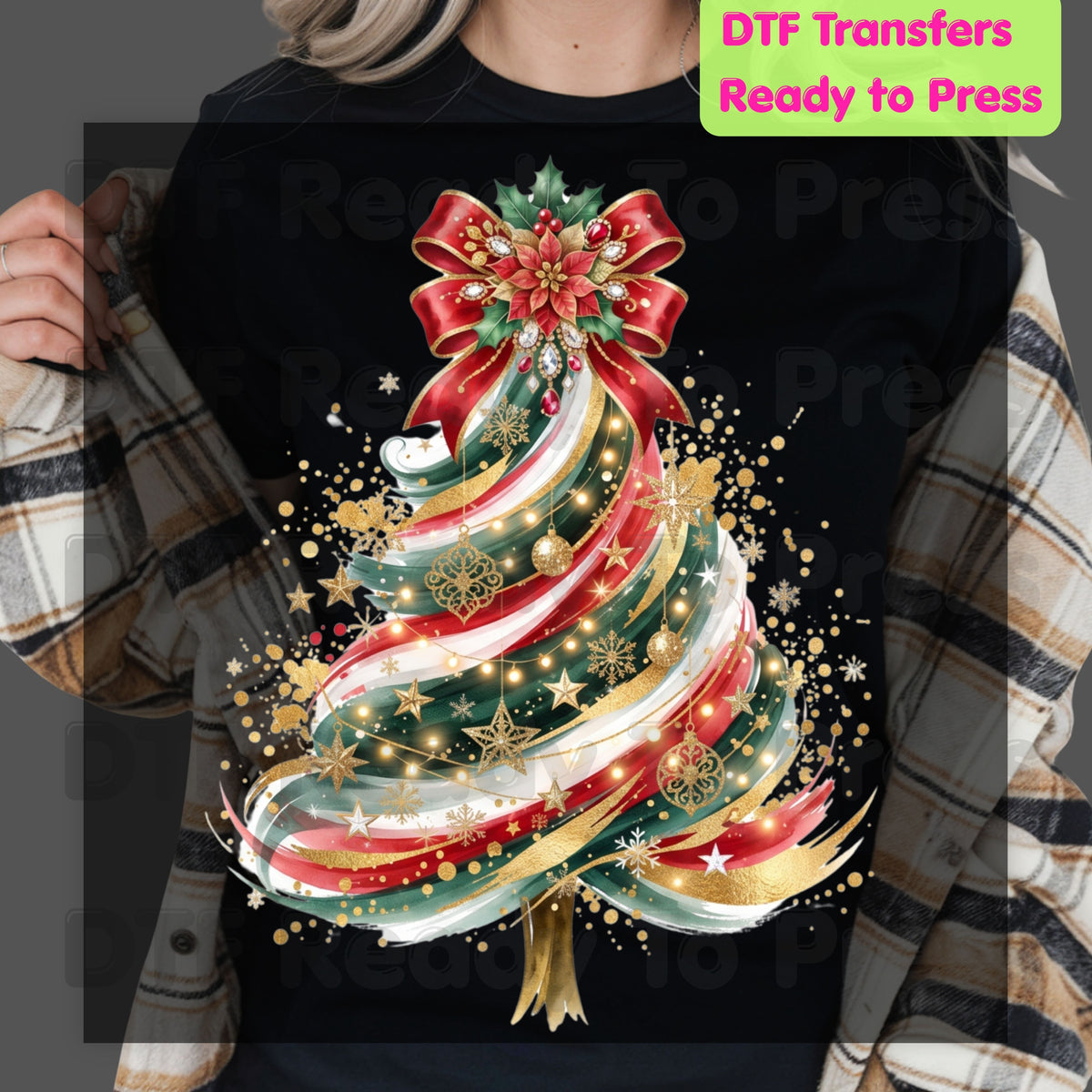 Christmas Tree DTF Transfers, Elegant Ribbon Bow Gold Glitter Holiday Ready to Press