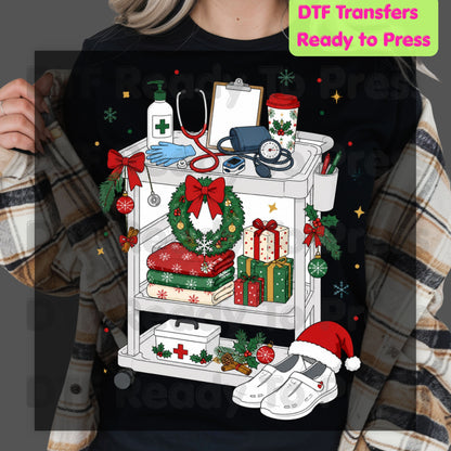 Christmas Nurse Cart DTF Transfers, Holiday Medical Wreath Stethoscope Graphic Ready to Press