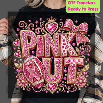 Pink Out DTF Transfers, Breast Cancer Awareness Glitter Football Pink Diamond Ribbon Crown Ready to Press