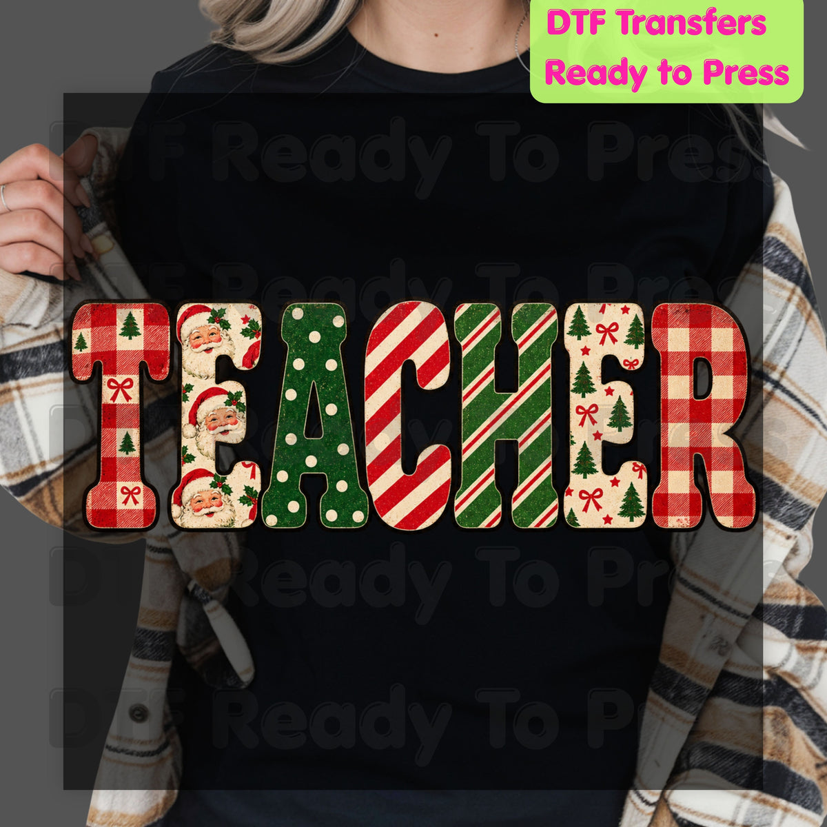 Christmas Teacher Santa Vintage DTF Transfers, School Plaid Stripes Holiday Ready to Press