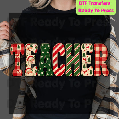 Christmas Teacher Santa Vintage DTF Transfers, School Plaid Stripes Holiday Ready to Press