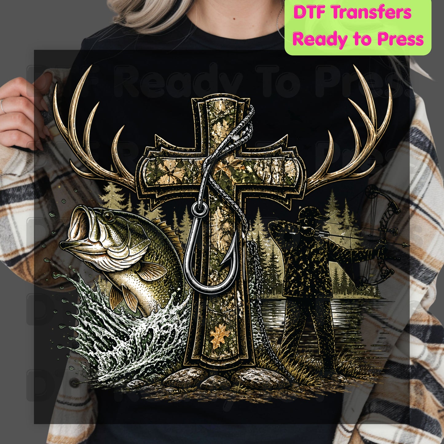 Camo Cross Religious Fishing Hunter DTF Transfer