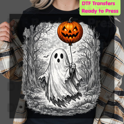 Vintage Halloween Ghost DTF Transfers, Pumpkin Balloon Spooky Forest Retro Ready to Press