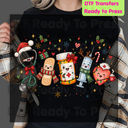 Christmas Nurse Squad DTF Transfers, Holiday Medical Syringe Pill Bottle Stethoscope Ready to Press