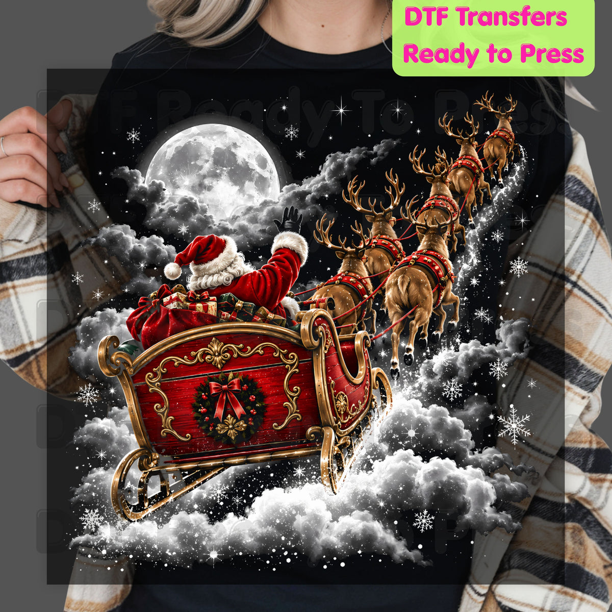 Santa Sleigh DTF Transfers, Flying Night Full Moon Vintage Reindeer Christmas Ready to Press