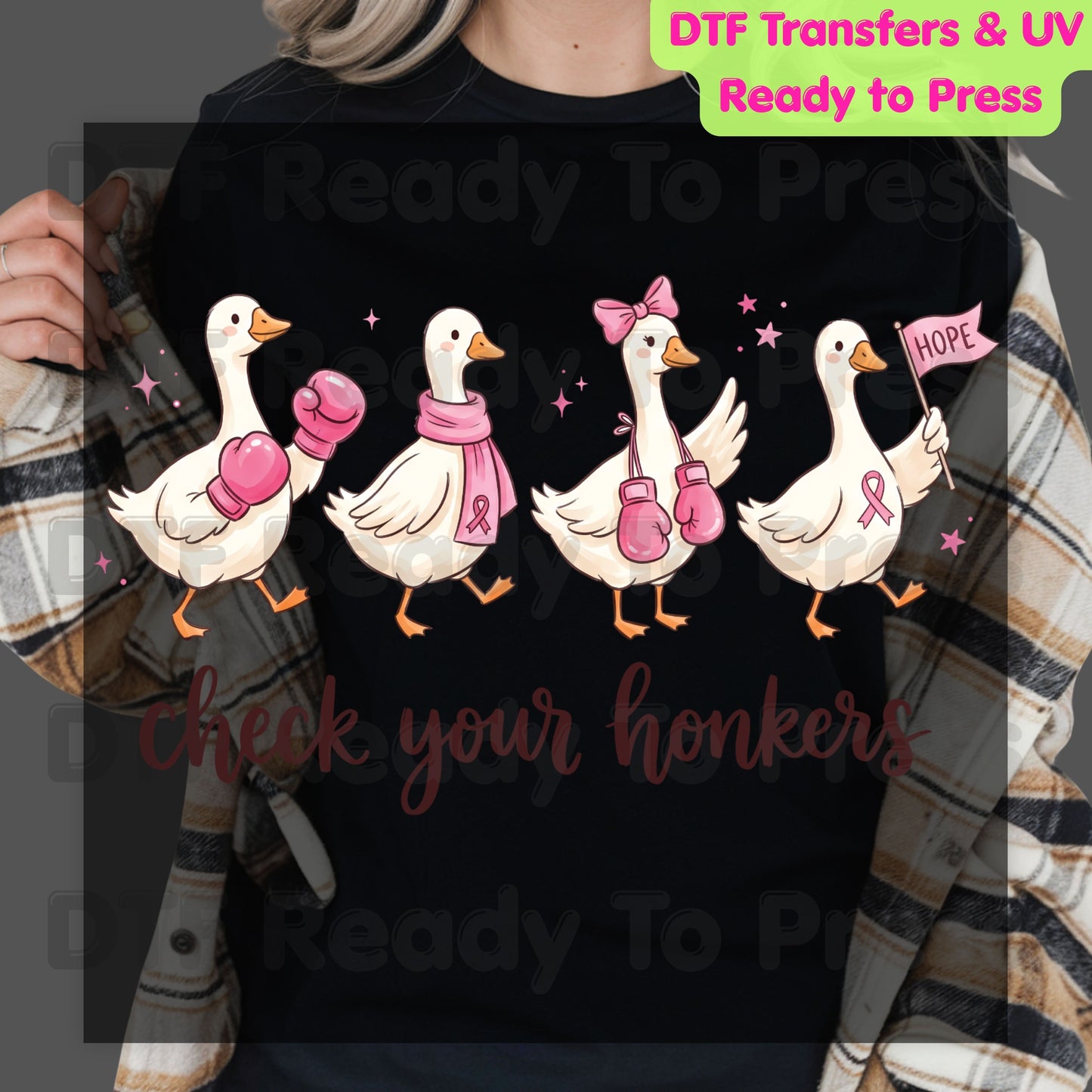 Breast Cancer Awareness Check Your Honkers DTF Transfer Ready to Press Funny Duck Heat Transfer Pink Ribbon Tee