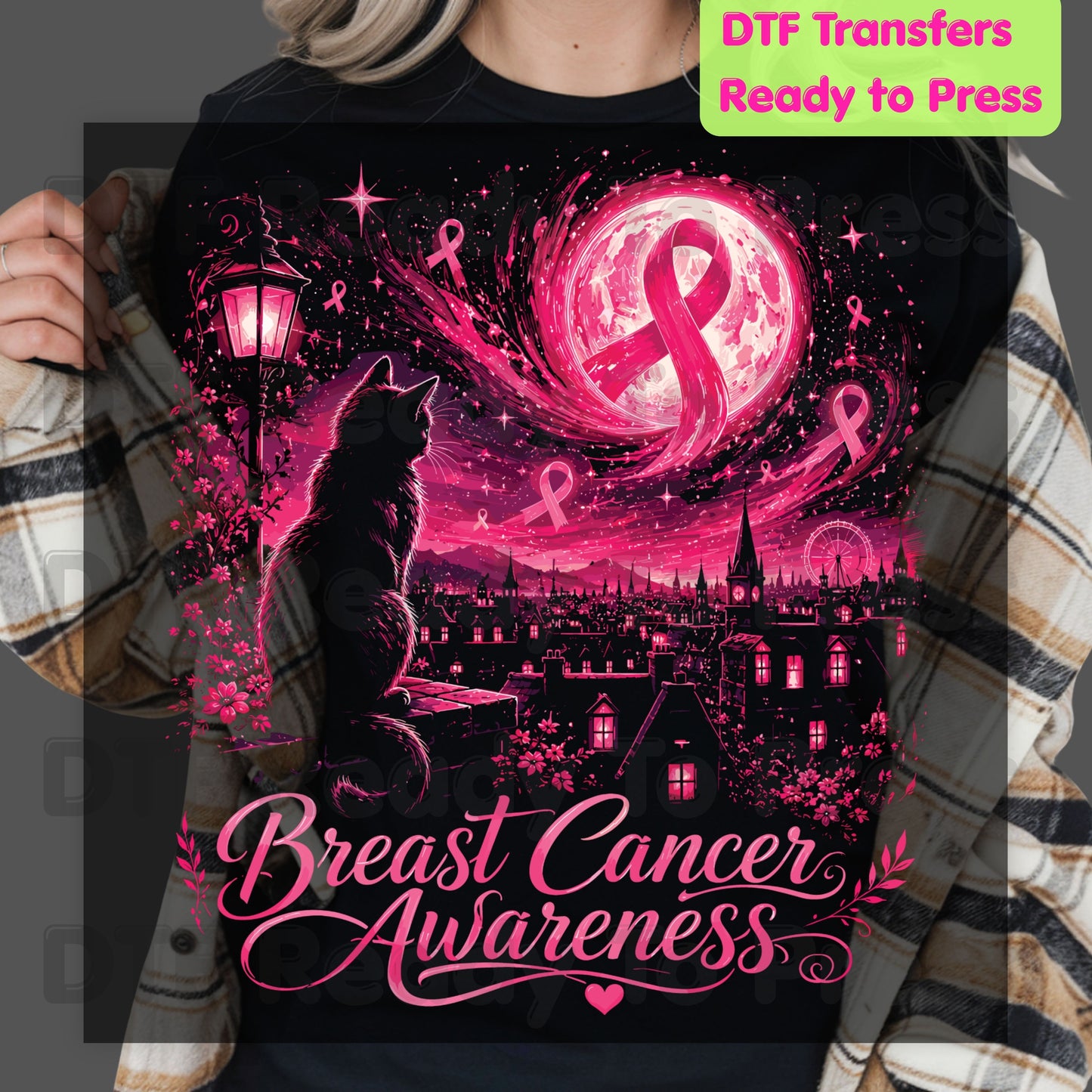 Pink Cat Moon Breast Cancer Awareness DTF Transfer Ready to Press Heat Transfer Tee