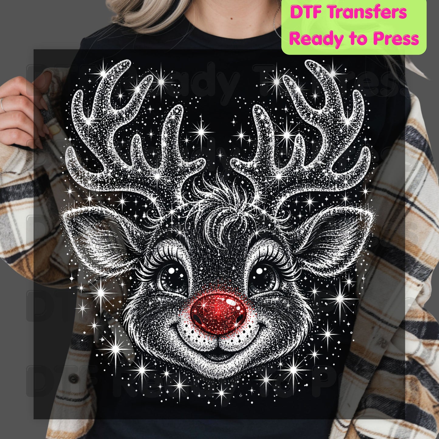 Christmas Reindeer DTF Transfers, Red Nose Rudolph Festive Winter Sparkle Cute Holiday Ready to Press