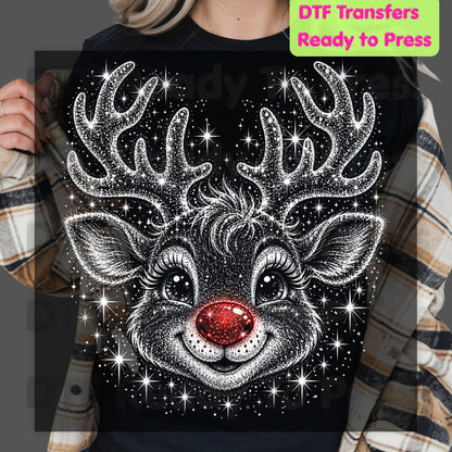 Christmas Reindeer DTF Transfers, Red Nose Rudolph Festive Winter Sparkle Cute Holiday Ready to Press