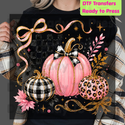 Pink Coquette Fall Pumpkin DTF Transfers, Leopard Plaid Ribbon Bow Checkered Autumn Ready to Press