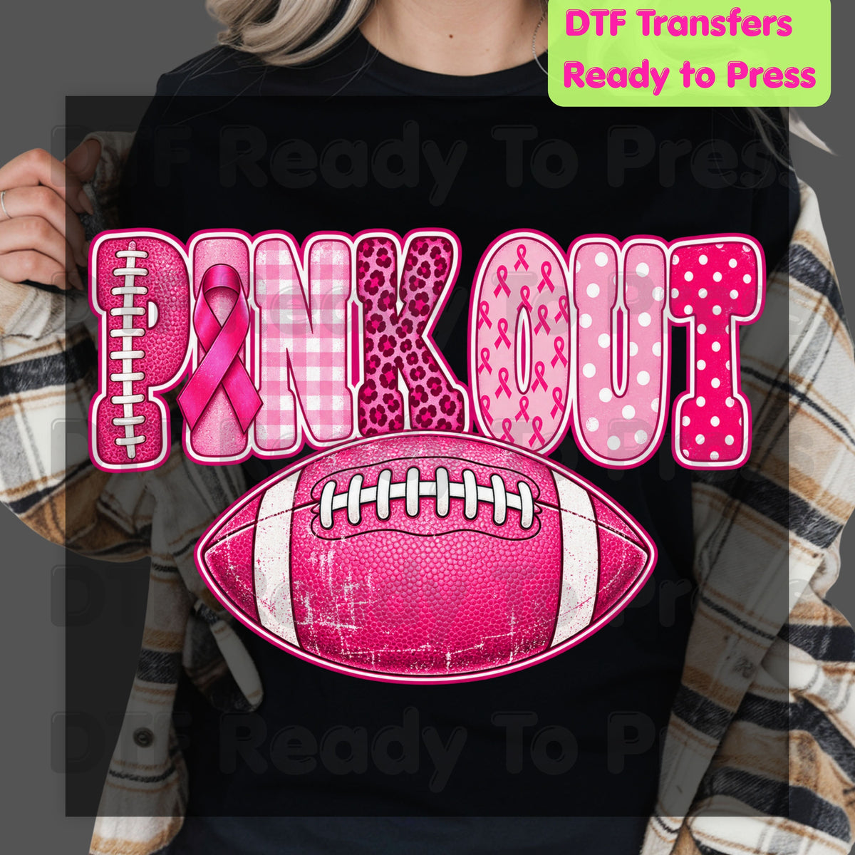 Pink Out DTF Transfers, Breast Cancer Awareness Football Pink Ribbon Leopard Print Ready to Press