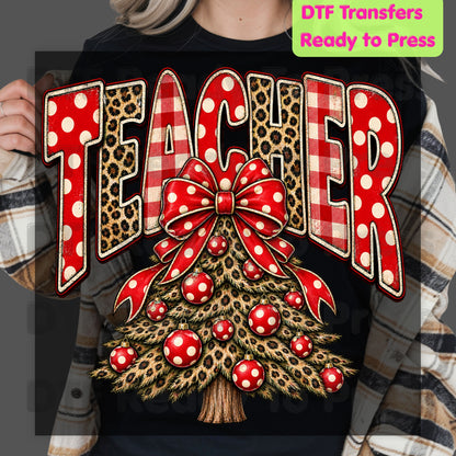 Christmas Teacher Tree DTF Transfers, School Leopard Plaid Red Bow Holiday Ready to Press