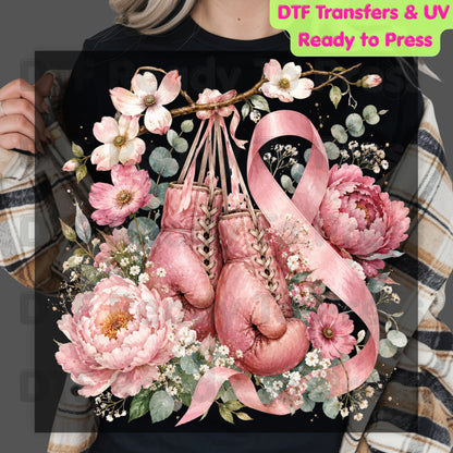 Pink Boxing Gloves Breast Cancer Awareness DTF Transfer Ready to Press Heat Transfer Floral Ribbon Tee