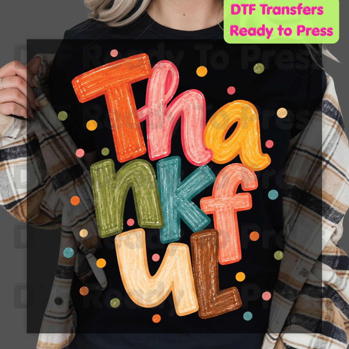 Thanksgiving DTF Transfer, Thankful Colorful Crayon Letters
