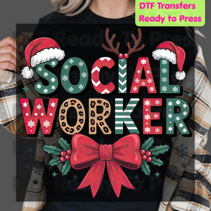 Christmas Social Worker DTF Transfers, Holiday Santa Hat Leopard Bow Social Work Ready to Press