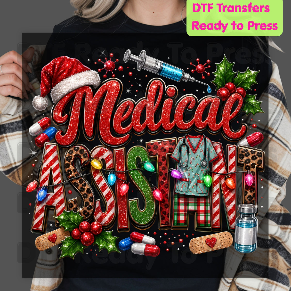 Christmas Medical Assistant DTF Transfers, Healthcare Scrubs Syringe Holiday Ready to Press