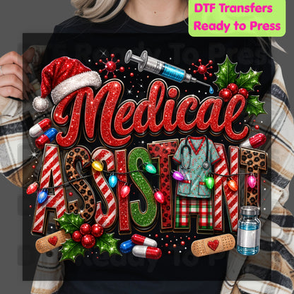 Christmas Medical Assistant DTF Transfers, Healthcare Scrubs Syringe Holiday Ready to Press
