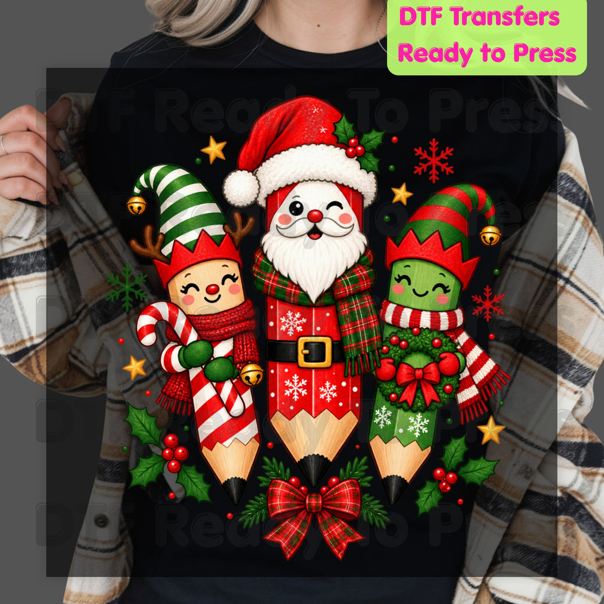 Christmas Teacher Pencils DTF Transfers, Holiday School Elf Santa Cute Teacher Ready to Press