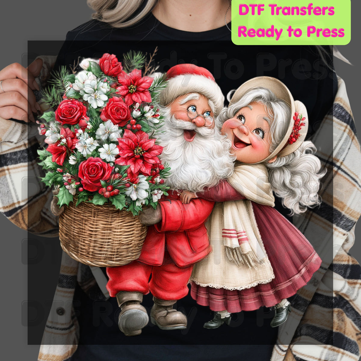 Santa Mrs Claus DTF Transfers, Vintage Christmas Couple Flowers Holiday Ready to Press
