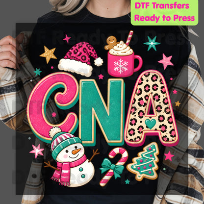 Pink Christmas CNA DTF Transfers, Medical Nurse Snowman Leopard Holiday Ready to Press