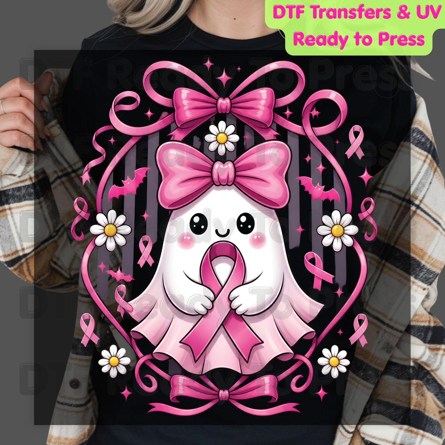 Halloween Breast Cancer Awareness Cute Ghost DTF Transfer Ready to Press Heat Transfer Pink Ribbon Bow Spooky Tee