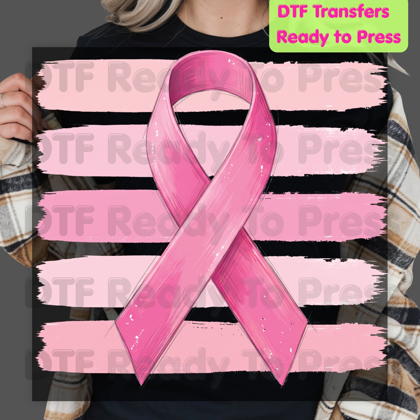 Pink Ribbon DTF Transfer Breast Cancer Awareness Brush Strokes Heat Transfer Ready to Press Tee Print Direct to Film