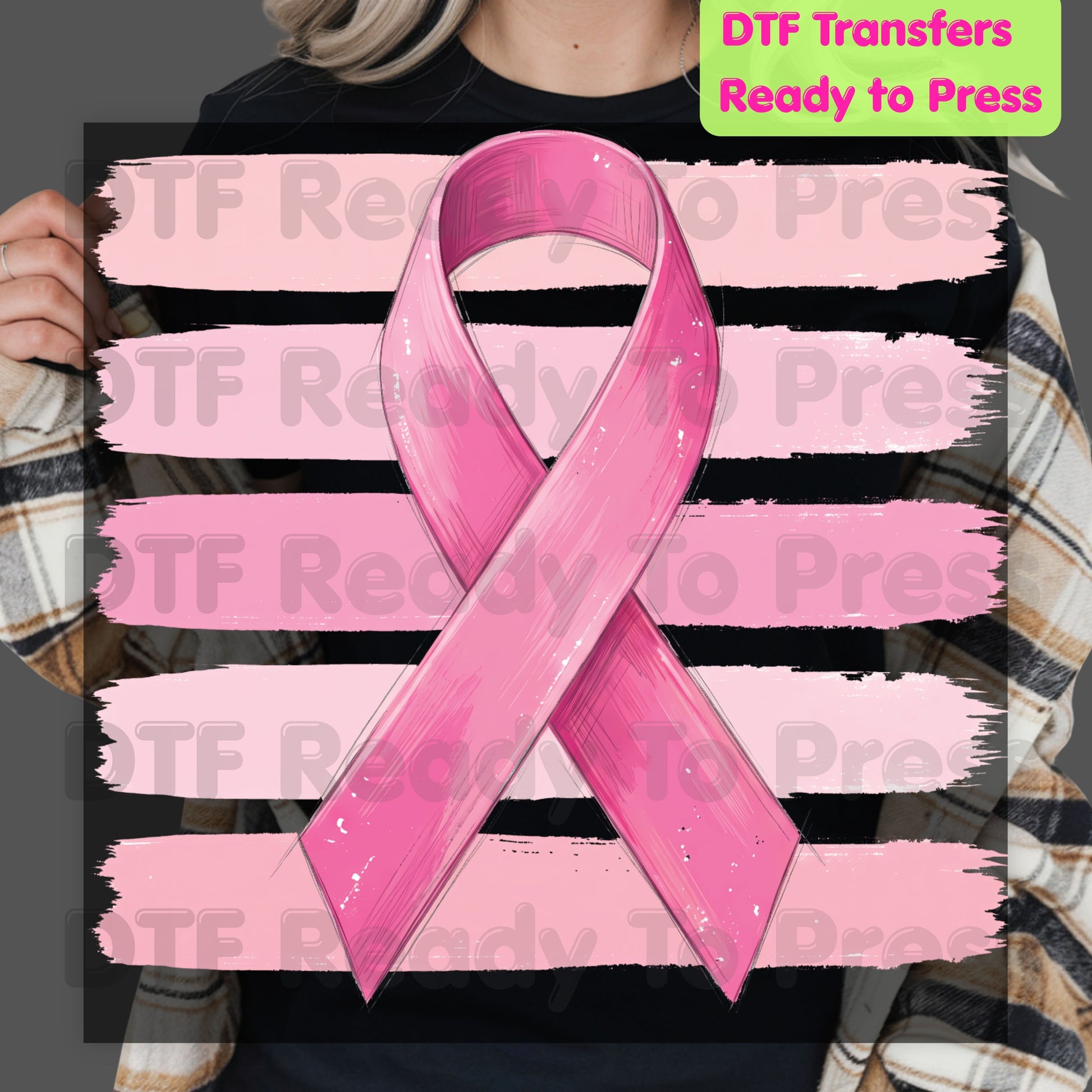 Pink Ribbon DTF Transfer Breast Cancer Awareness Brush Strokes Heat Transfer Ready to Press Tee Print Direct to Film