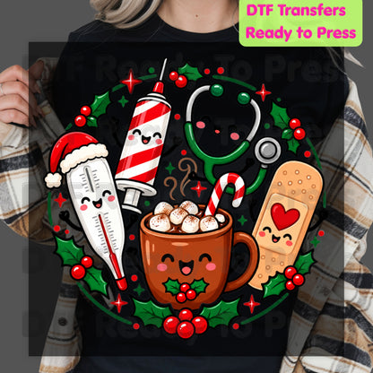 Christmas Medical Squad DTF Transfers, Cute Nurse Holiday Cocoa Stethoscope Graphic Ready to Press