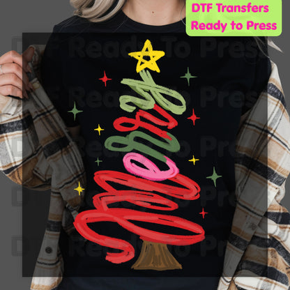 Christmas DTF Transfer, Merry Christmas Tree Script, Sparkles