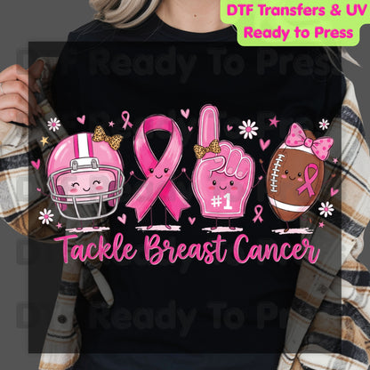 Tackle Breast Cancer Awareness DTF Transfer Ready to Press Heat Transfer Football Ribbon Tee