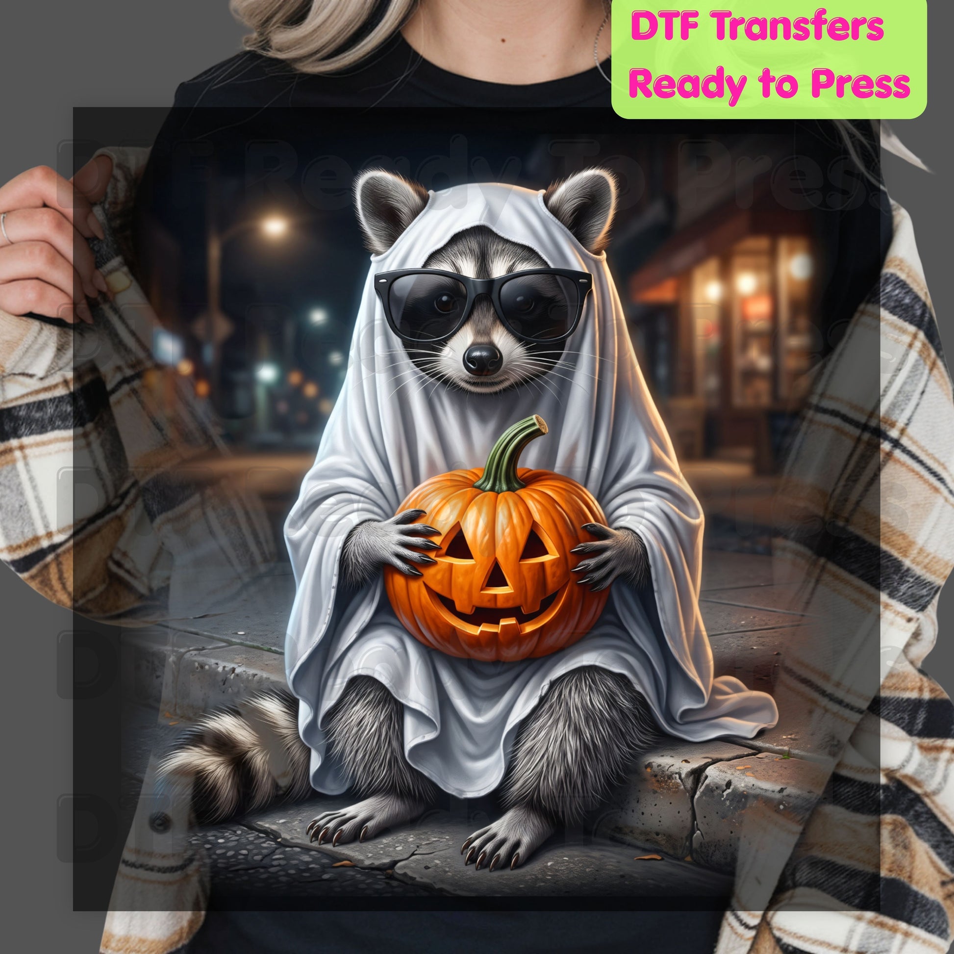 Halloween Ghost Raccoon DTF Transfers, Pumpkin Trash Panda Spooky Vintage Ready to Press
