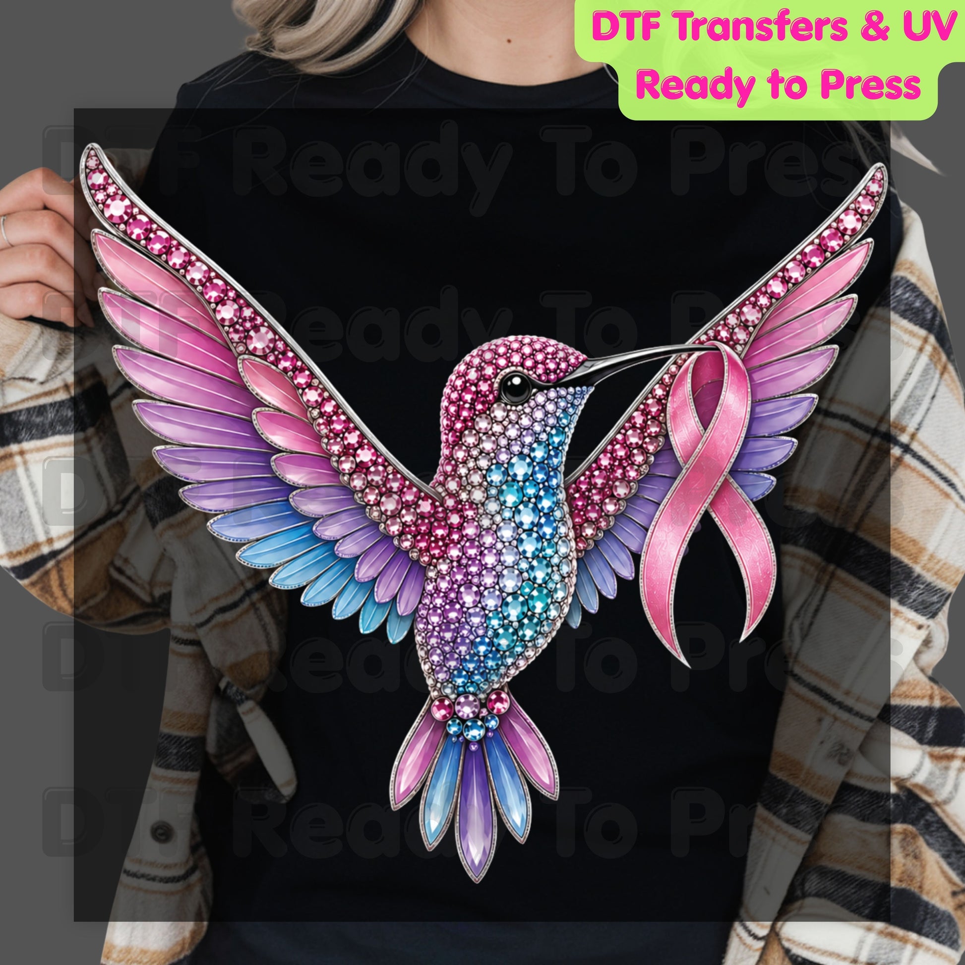 Rhinestone Hummingbird Pink Ribbon Breast Cancer Awareness DTF Transfer Ready to Press Heat Transfer Bird Tee
