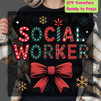 Christmas Social Worker Bow DTF Transfers, Community Snowflake Polka Dot Holiday Ready to Press