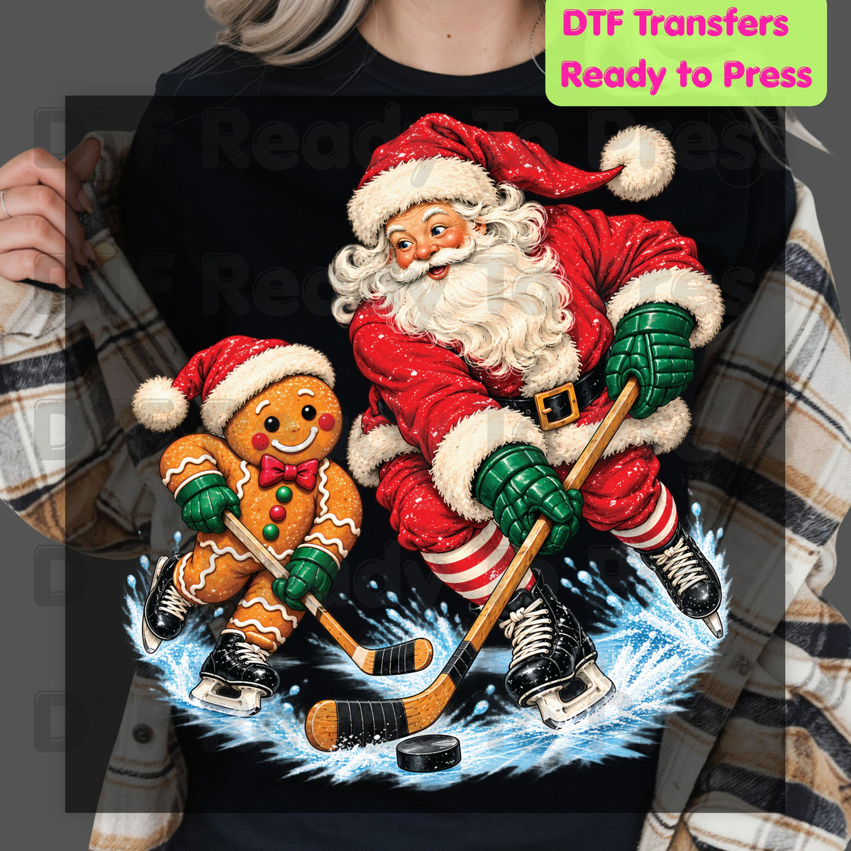 Christmas DTF Transfer, Santa and Gingerbread Man Playing Hockey, Holiday Sports Graphic