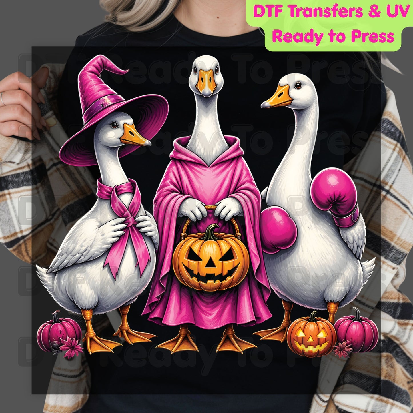 Pink Goose Breast Cancer Awareness Halloween DTF Transfer Ready to Press Spooky Heat Transfer Tee