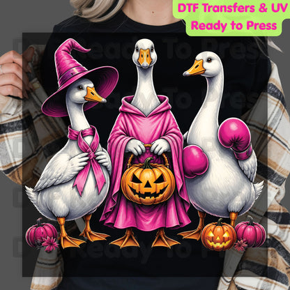 Pink Goose Breast Cancer Awareness Halloween DTF Transfer Ready to Press Spooky Heat Transfer Tee