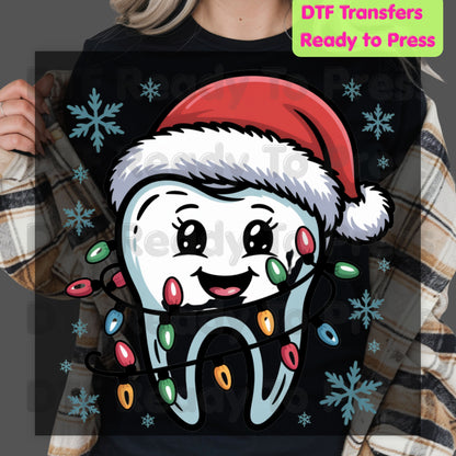 Christmas Cute Dental Tooth DTF Transfers, Dentist Hygienist Santa Holiday Lights Ready to Press
