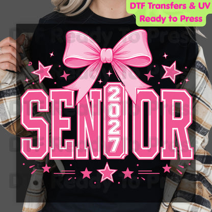 Senior 2027 DTF Transfer Ready to Press Graduation Heat Transfer for Shirts Pink Coquette Bow Varsity Letters Stars Graphic Tee