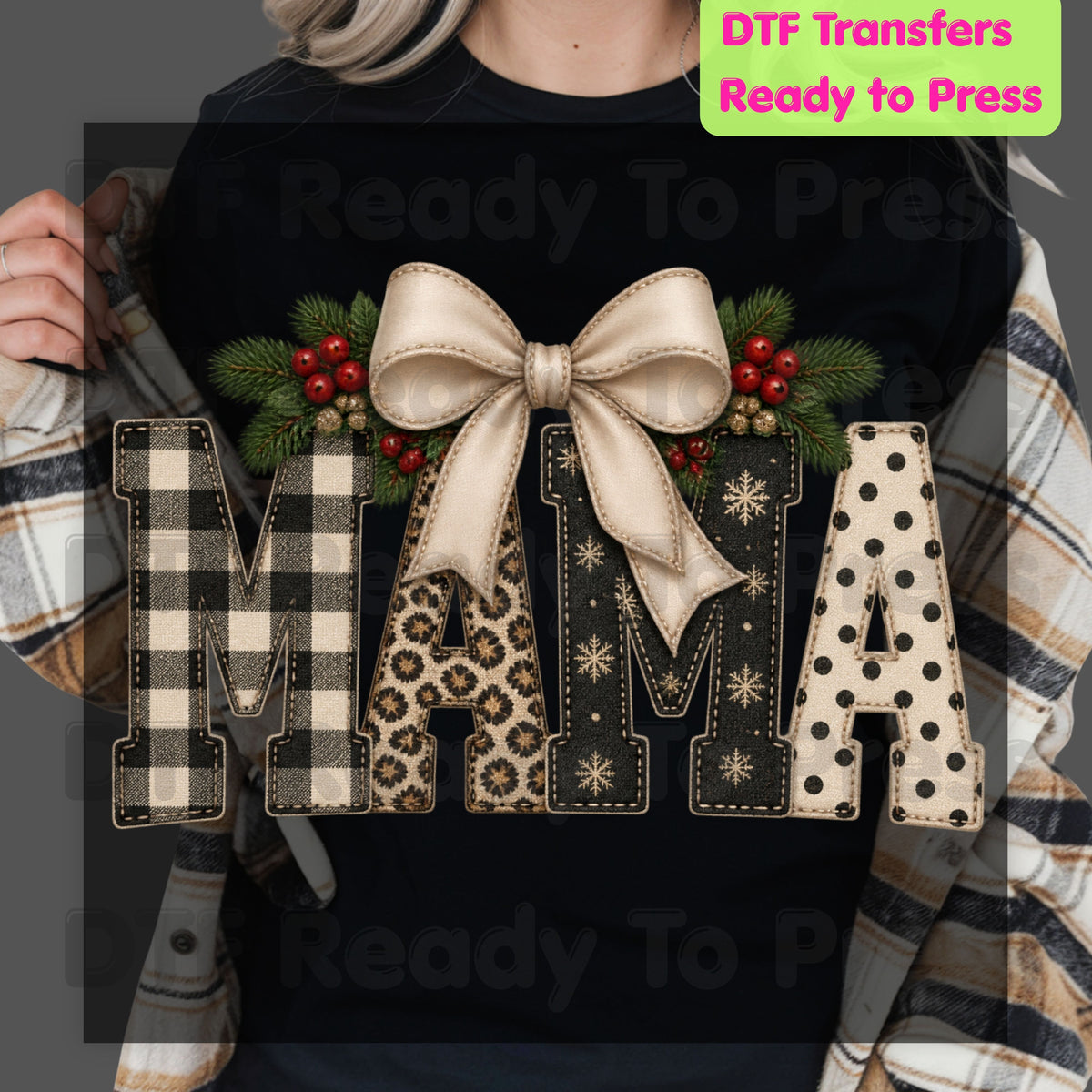 Christmas Mama DTF Transfers, Coquette Bow Buffalo Plaid Leopard Polka Dot Holiday Ready to Press