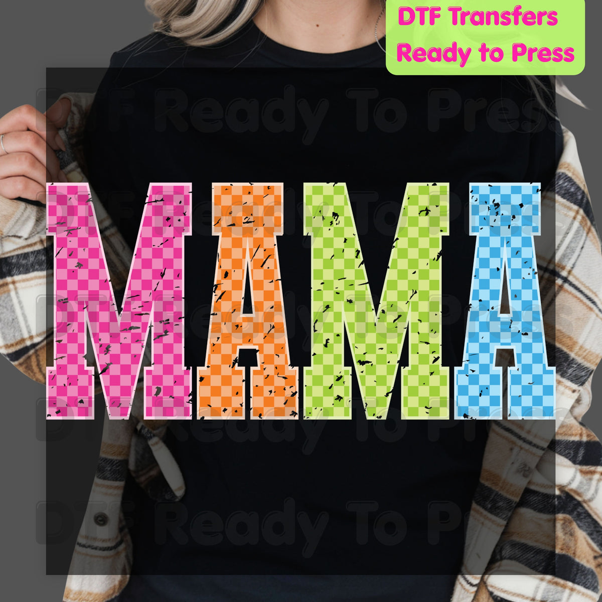 Mama DTF Transfers, Colorful Checkered Retro Distressed Mama Ready to Press