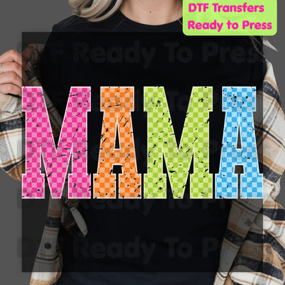 Mama DTF Transfers, Colorful Checkered Retro Distressed Mama Ready to Press