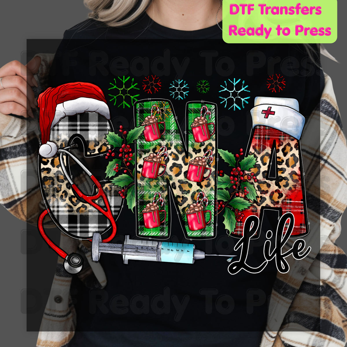 Christmas CNA Life DTF Transfers, Medical Nurse Leopard Plaid Syringe Holiday Ready to Press