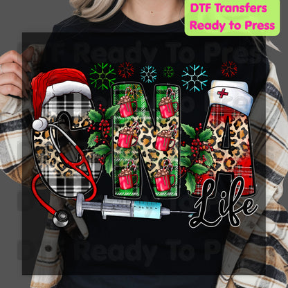 Christmas CNA Life DTF Transfers, Medical Nurse Leopard Plaid Syringe Holiday Ready to Press