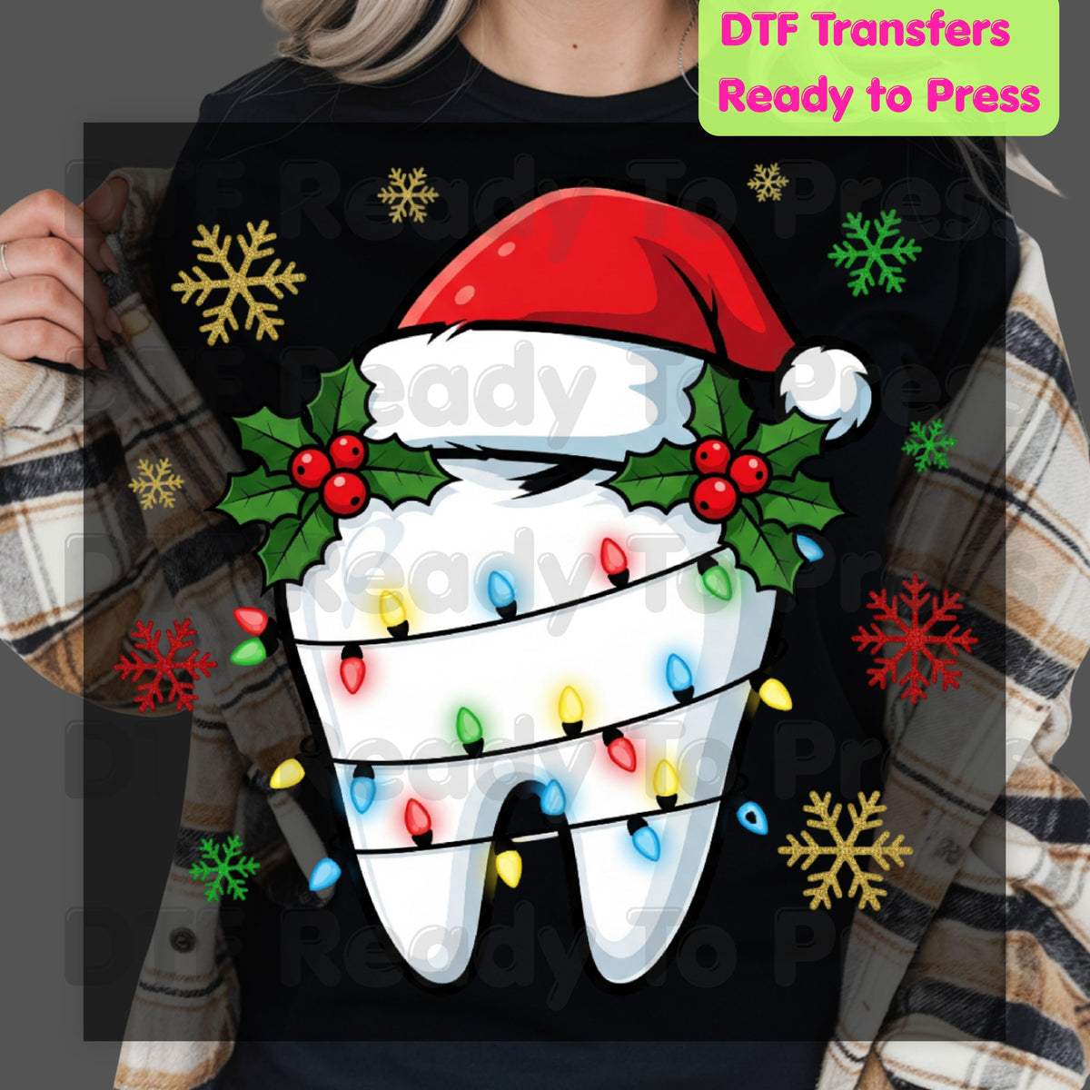 Christmas Tooth Santa Hat DTF Transfers, Dental Holiday Lights Snowflake Festive Ready to Press