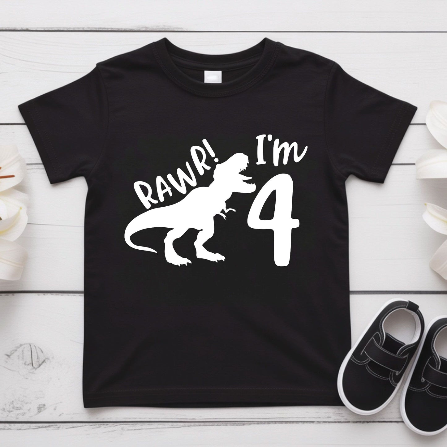 Dinosaur 4th Birthday Shirt Rawr Im 4 Toddler Tee Four Year Old Childrens Clothing TRex Kids Party Outfit 4th Birthday Gift Boy Birthday Tee