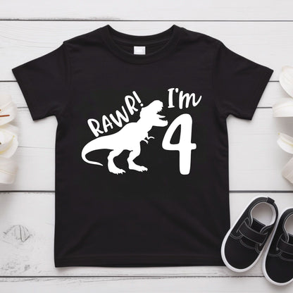 Dinosaur 4th Birthday Shirt Rawr Im 4 Toddler Tee Four Year Old Childrens Clothing TRex Kids Party Outfit 4th Birthday Gift Boy Birthday Tee