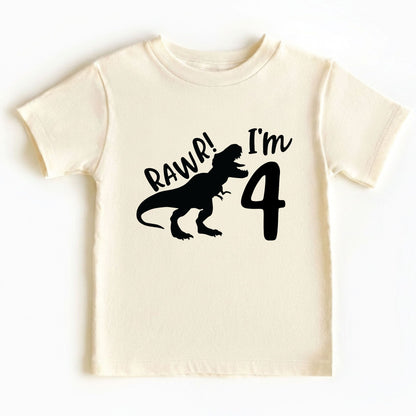 Dinosaur 4th Birthday Shirt Rawr Im 4 Toddler Tee Four Year Old Childrens Clothing TRex Kids Party Outfit 4th Birthday Gift Boy Birthday Tee