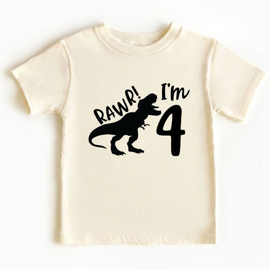 Dinosaur 4th Birthday Shirt Rawr Im 4 Toddler Tee Four Year Old Childrens Clothing TRex Kids Party Outfit 4th Birthday Gift Boy Birthday Tee